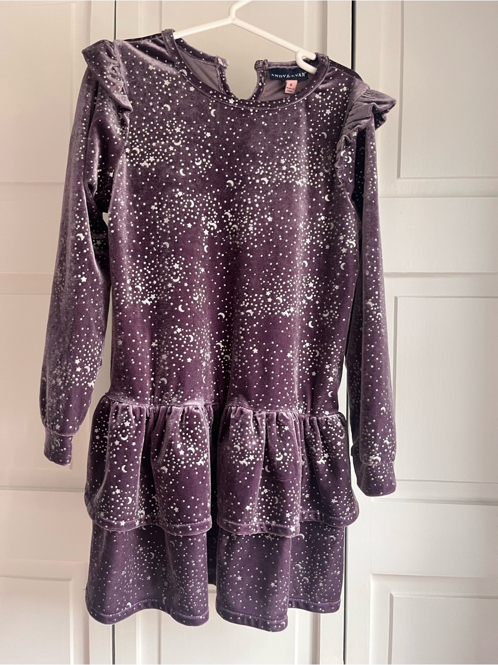 Andy & Evan Purple Velvet Star & Moon Tiered Long-Sleeve Dress